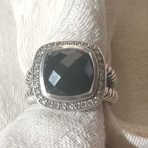 David Yurman Albion Ring with Onyx and Diamonds, SS, Size 7